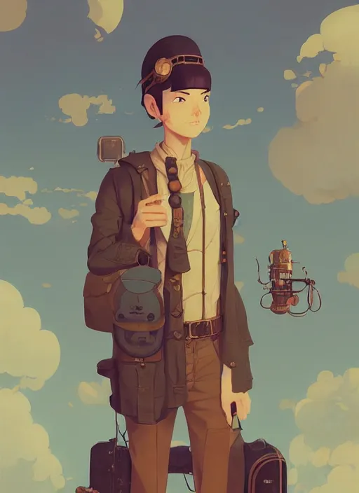 Image similar to detailed portrait of steampunk traveller, by cory loftis, atey ghailan, makoto shinkai, hasui kawase, james gilleard, beautiful, peaceful, calm