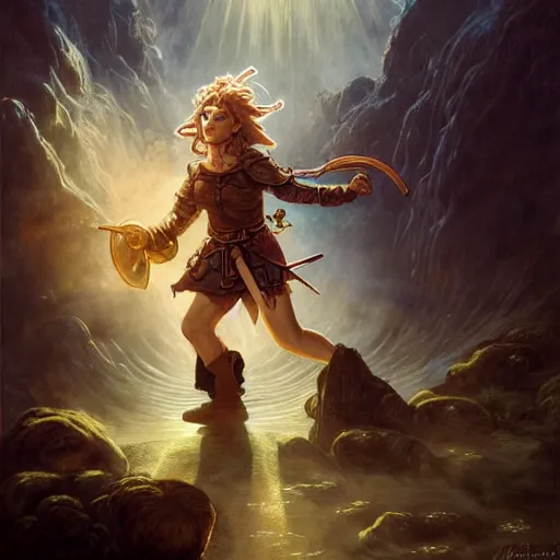 Image similar to full body portrait of a female halfling hobbit monk fistfighter warrior, communing with her goddess of mist and light, flowing robes and leather armor, detailed dynamic light painting by albrecht anker and peter mohrbacher