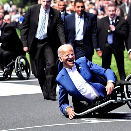 Image similar to joe biden falling off his wheelchair faceplanting on the ground, award winning photo