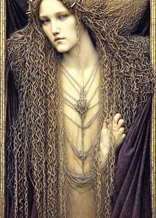 Image similar to detailed realistic beautiful young medieval queen face portrait by jean delville, gustave dore and marco mazzoni, art nouveau, symbolist, visionary, gothic, pre - raphaelite. horizontal symmetry