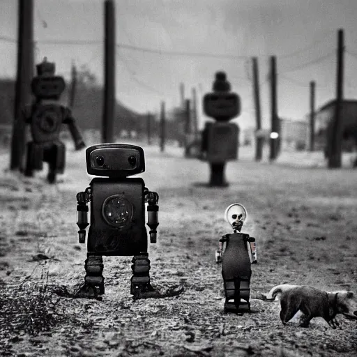 Image similar to the most creepy family photo of robots, with a robot dog, 200mm lens, post apocalyptic, sadness, depression, screaming, crying, auschwitz camp