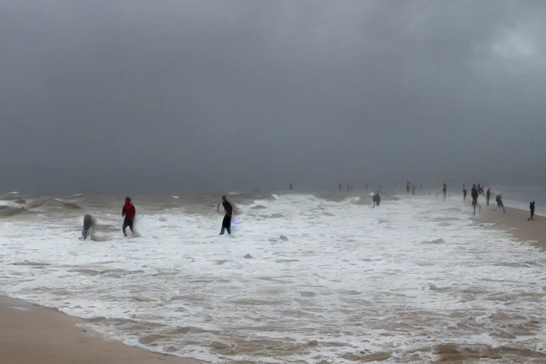 Prompt: A walk on the beach during a hurricane, chaos.