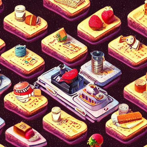 Image similar to fineline painting anthropomorphic toast in an isometric steampunk strawberry jam factory, colour pallette of strawberry shortcake, incredible detail, vray render subsurface scatter drum scanner, intricate complexity, golden ratio, cartoon animation pendleton ward, 8 k detail