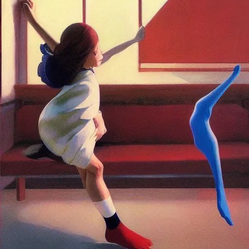 Prompt: Giant socks fly through the air, as a tornado approaches, by Takashi Murakami, Edward Hopper, Bo Bartlett, and Cynthia Sheppard, Artstation