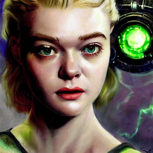 Image similar to ultra realistic portrait painting of elle fanning in fallout 3 surrounded by green glowing radiation, art by frank frazetta, 4 k, ultra realistic, highly detailed, epic lighting