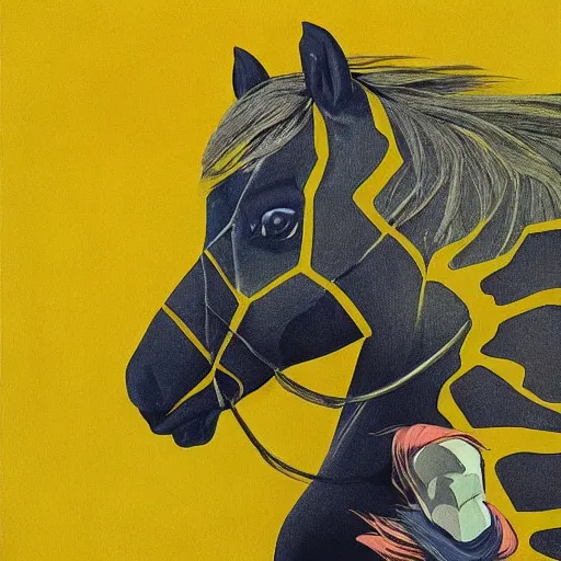 Prompt: portrait horse-face Nightmarish Horse Man Warlock the Bobby Fischer camouflaged as a Pony wearing a yellow hoodie eyvind earle greg rutkowski edgar degas andrew wyeth giorgio de chirico