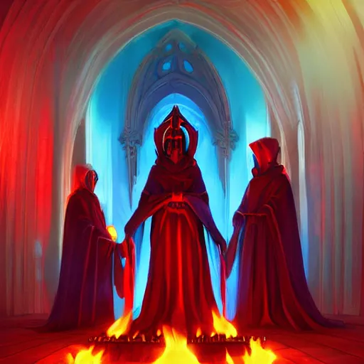 Image similar to A blazing and bright blue flame is worshipped at the center of a gothic temple by hooded cultists dressed in red at night; dark fantasy; trending on artstation