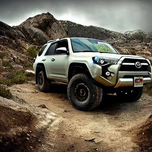 Image similar to Toyota 4Runner, Professional Photography, Skyrim, Off-roading, Mountain landscape, dirt, road, cinematic color, photorealistic, highly detailed wheels, highly detailed