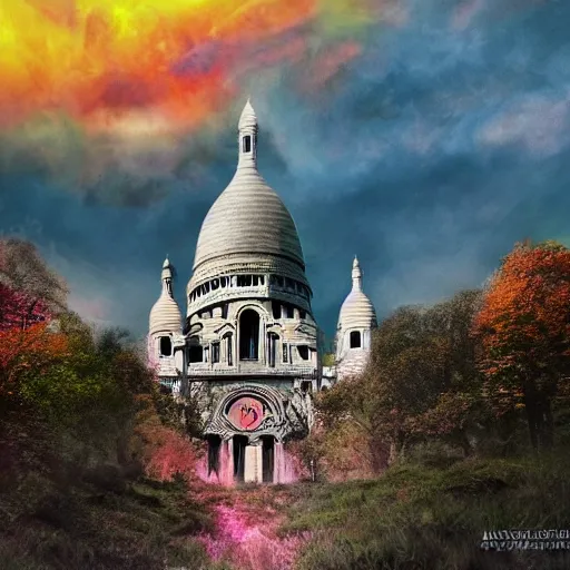 Image similar to abandoned Basilica of Sacré Coeur de Montmartre, toxic orange and pink clouds strain the sunlight, stark contrasting lighting, contrejour, a two-headed mutated deer-like creature looks on in the distance from the sparse twisted silhouetted foliage, a highly detailed colorful matte painting by Scott Listfield and Mikko Lagerstedt, featured on Artstation, Unreal Render, 8k HDR, fisheye