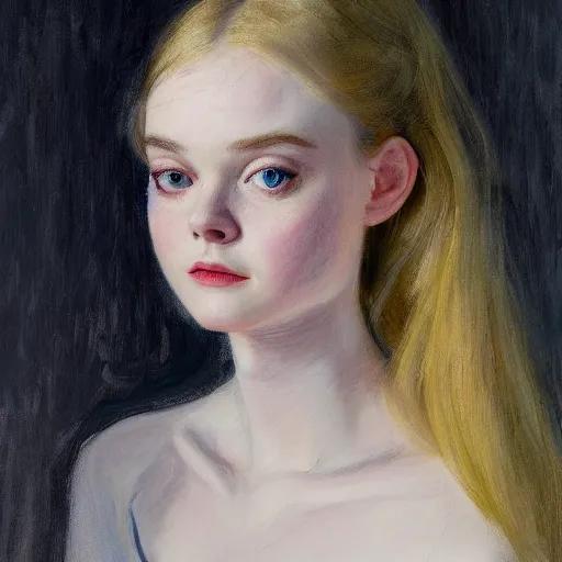 Image similar to Elle Fanning in the style of Berthe Morisot, head and shoulders portrait, stormy weather, extremely detailed masterpiece, oil on canvas, low-key neon lighting, artstation, Blade Runner 2049, Roger Deakin’s cinematography, by J. C. Leyendecker and Peter Paul Rubens and Edward Hopper and Michael Sowa,