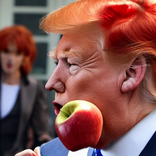 Image similar to secuctive donald trump with red hair eating an apple looking in the camera