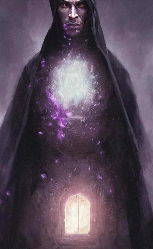 Prompt: Portrait of a man in a black cloak with glowing purple eyes, detailed face, fantasy, highly detailed, cinematic lighting, digital art painting by greg rutkowski