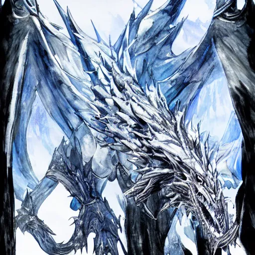 Image similar to Ice castle floating high above the ground being circled by a magnificent white scaled ice dragon, drawn by Yoji Shinkawa, water color, Dungeons and Dragons, Wizards of the Coast