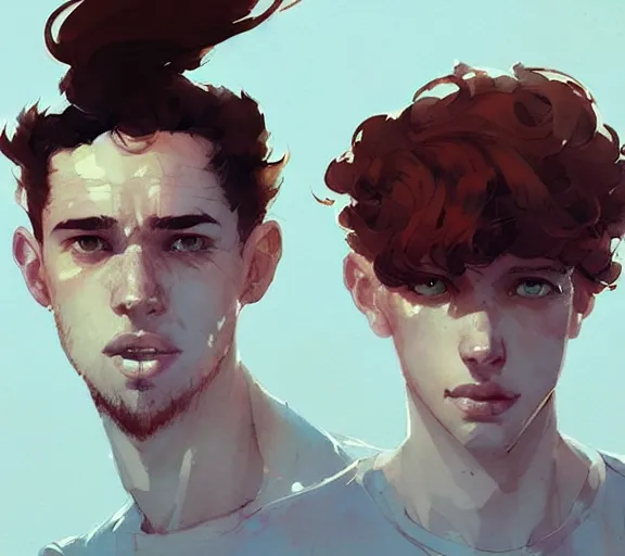 Prompt: portrait men with red curly hair and bright eyes atey ghailan, by greg rutkowski, by greg tocchini, by james gilleard, by joe fenton, by kaethe butcher, by ashley wood, dynamic lighting, gradient light blue, brown, blonde cream and white color scheme, grunge aesthetic