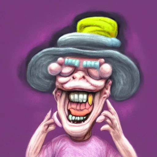 Image similar to Chalk Pastel, crazy cooky old woman, wearing a funny hat, yelling expression, trending on artstation, behance, dribbble