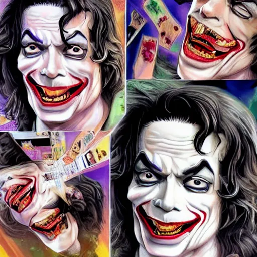 Image similar to michael jackson as the joker laugh on camera. symmetrical anatomy, hyperdetailed, coloured comic, baroque, pop punk art style, fantasy, without duplication, art by artgerm and ilya kuvshinov and vinicius gud and gustavo zambelli, intricate.