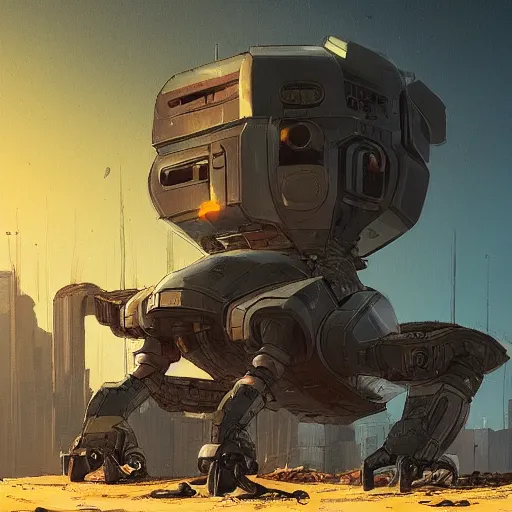 Prompt: mechanized armored walker, futuristic in the style of simon stalenhag and ian mcque