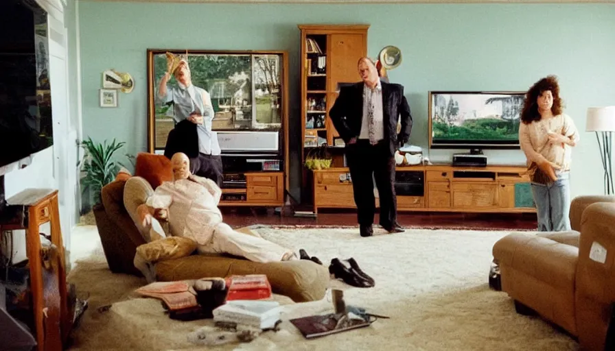 Image similar to 1990s candid 35mm photo of a beautiful day in the living room, cinematic lighting, cinematic look, golden hour, a very large, oversized magical salesman is hanging out of the TV and trying to sell the family a car, salesman is a very large giant, there is a sports car in the living room, portal energy is coming out of the TV, UHD