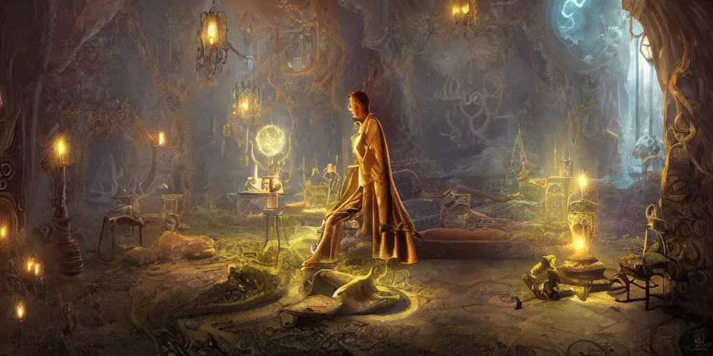 Image similar to lonely aristocrat examining the mysteries of tarot cards, magical atmosphere in the background,, fantasy art, matte painting, high quality, digital painting, artwork by tony sart