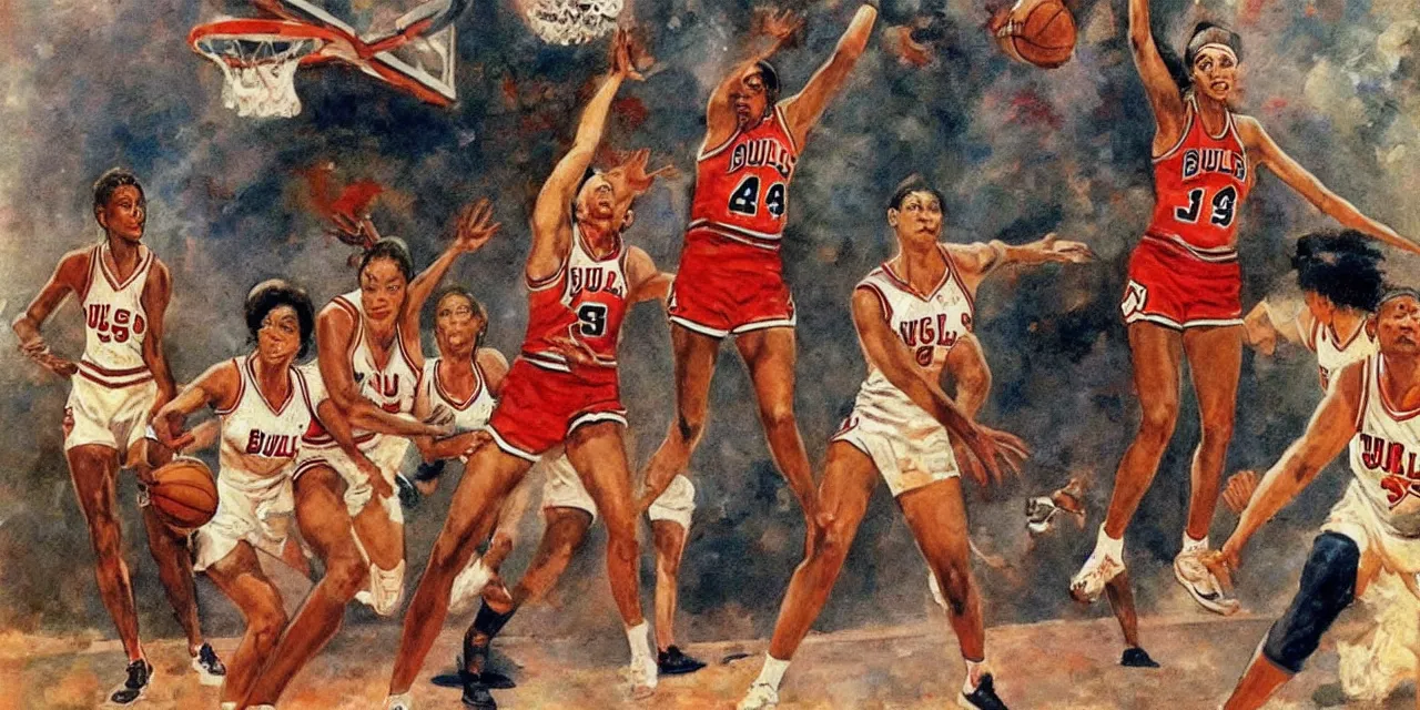 Prompt: candace parker playing basketball in a chicago bulls jersey art by frank frazetta, wide angle view,