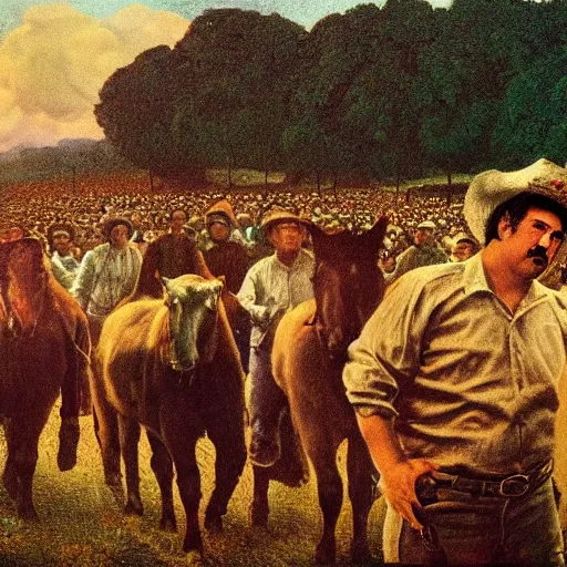 Prompt: pablo escobar as farmer leading the people in fourth state by pellizza da volpedo, masterpiece 4 k digital, highly detailed, trending on artstation, award winning