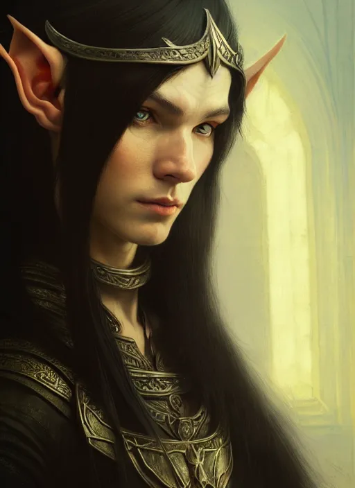 Prompt: portrait of an elf thief with long black hair, elven character with smirk, detailed realism face in painting, detailed beautiful portrait, oil painting masterpiece, fantasy artwork, 8 k resolution, smooth, sharp focus, trending on artstation, by rembrandt, by greg rutkowski, by james jean