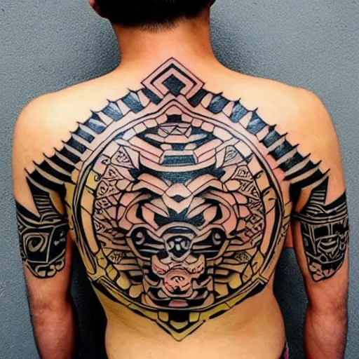 Image similar to intricate japanese mayan yakuza tattoo, geometric dark animal tattoo, tattoo on upper arm