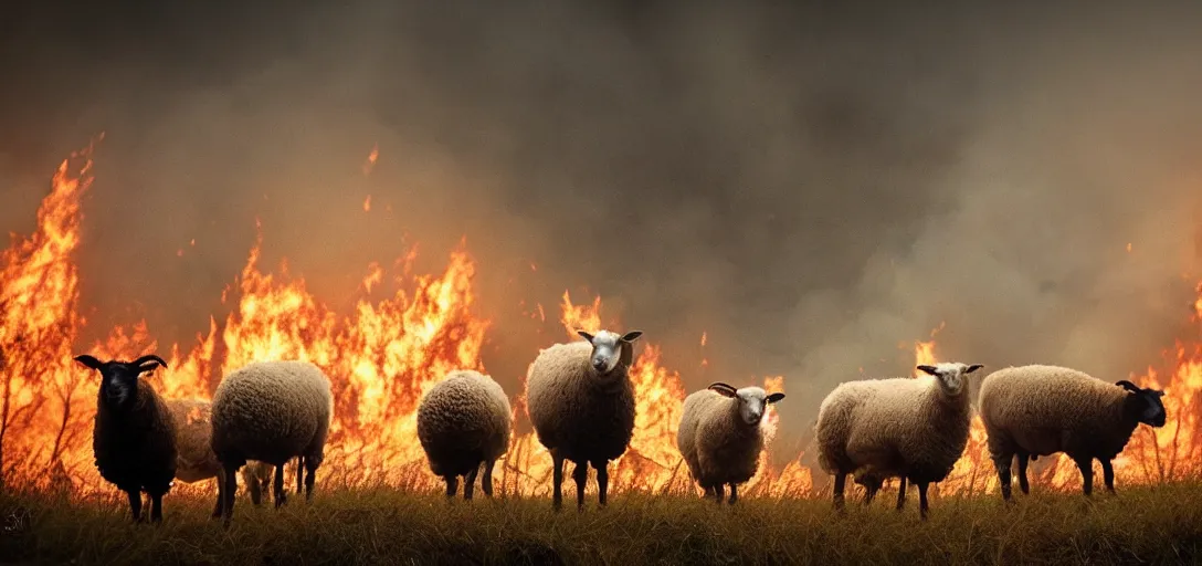 Prompt: full body portrait of three sheep watching a forest fire, smoke, flames, dark, gloomy, horror, screaming, insanely detailed, photorealistic, cinematic, dramatic lighting,