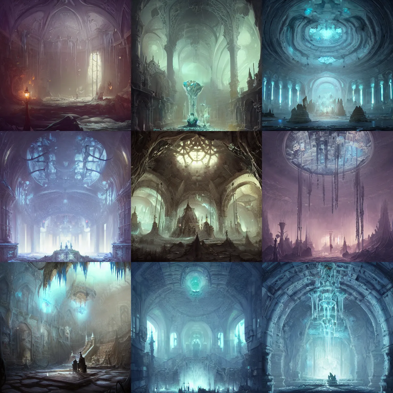 Prompt: beautiful victorian catacomb, frozen water canals, glass ceilings, tapestries hanging from ceiling, light dust, by peter mohrbacher dan mumford craig mullins nekro, cgsociety, pixiv, volumetric light, 3 d render