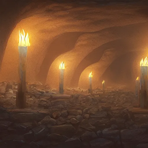 Prompt: vast underground cavernous necropolis with a candle illuminating it, digital painting, dimmed lighting, gloomy, photorealistic, hypwr detailed