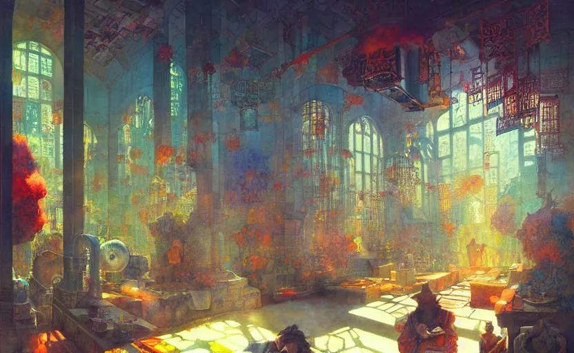 Prompt: alchemy laboratory, fantasy. intricate, amazing composition, colorful watercolor, by ruan jia, by maxfield parrish, by marc simonetti, by hikari shimoda, by robert hubert, by zhang kechun, illustration, gloomy