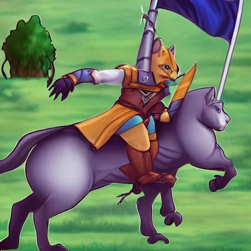 Image similar to a warrior cat carrying his battle flag while riding a large steed cat that is galloping into battle