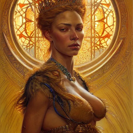 Image similar to highly detailed full portrait of a majestic lioness queen in the form of a beautiful woman. d & d, art by donato giancola and ruan jia and carl larsson and magali villeneuve. trending on artstation, intricate details, energetic composition, golden ratio, concept art, illustration, elegant art