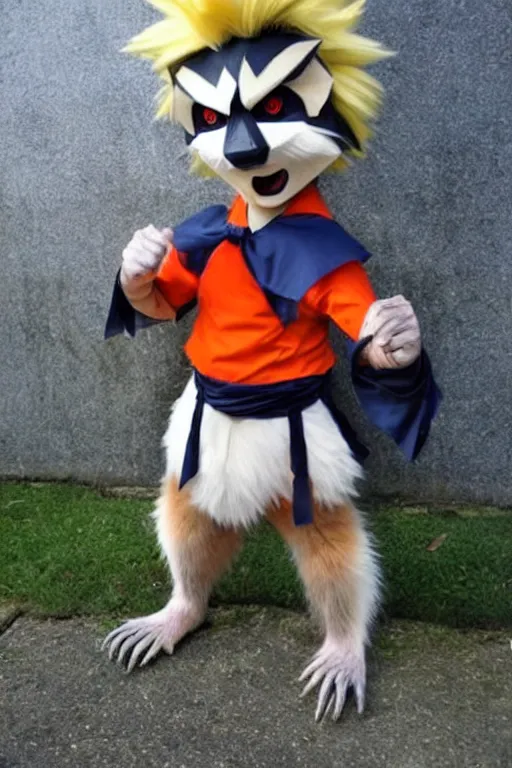 Image similar to a racoon dressed up as goku, realistic.