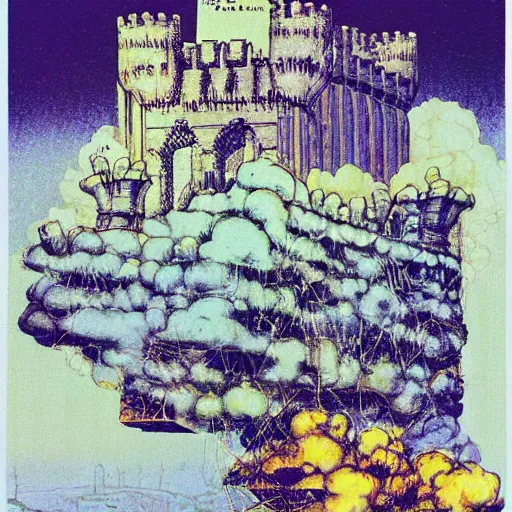 Image similar to by ralph steadman defined, improvisational babylonian, tetris. a beautiful print of a castle in the clouds.