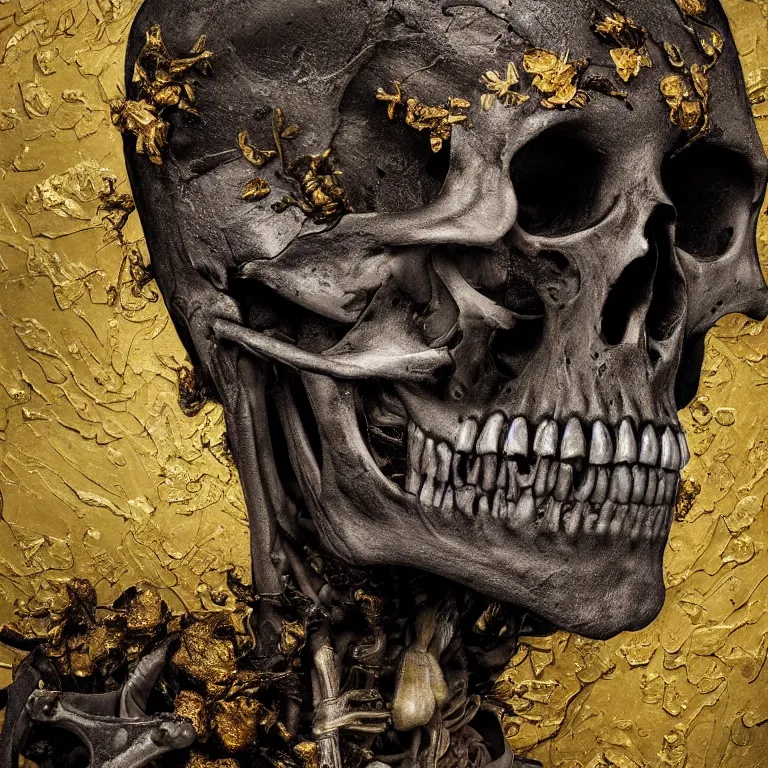 Image similar to A beautiful oil painting hyperrealism of a decayed black skeleton head, rotting black clay skin, bones, close up, gold flowers, gold floral headdress, 8k resolution, octane render, Trending on artstation, by Gediminas Pranckevicius, volumetric light 2blue fractal Thunder glow by dan mumford, anaglyph effect, Laurie Lipton