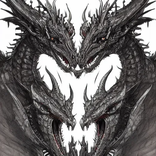 Prompt: A black wingless two-headed dragon in the dim lit dungeon, two heads, epic, highly detailed, close-up, fantasy dragon art, by Cushart Krenz and Tomino Yoshiyuki, illustration, epic, fantasy, intricate, hyper detailed, artstation, concept art, smooth, sharp focus, ray tracing