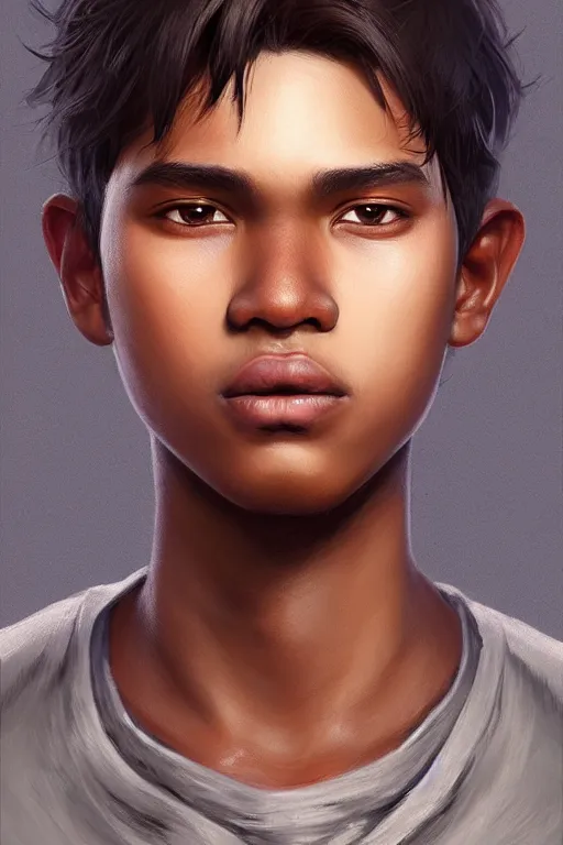 Image similar to young teenager boy with straight short brown hair, dark skin, big lips. highly detailed, d & d, fantasy, highly detailed, digital painting, trending on artstation, concept art, sharp focus, illustration, art by artgerm and greg rutkowski and fuji choko and viktoria gavrilenko and hoang lap