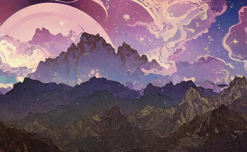 Image similar to mountains, stars and paisley filled sky, artstation, intricate, highly detailed, digital painting, concept art, sharp focus, illustration by Charles Williams and Alphonse Mucha