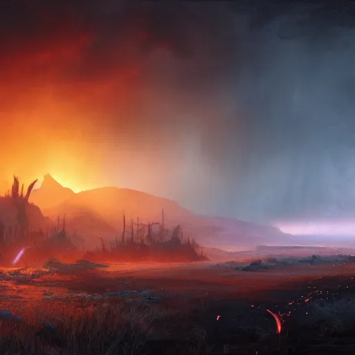 Image similar to gate to hell in the plains with red sky and meteors, volumetric lighting, 8 k octane beautifully detailed render, post - processing, extremely hyper - detailed, intricate, epic composition, cinematic lighting, masterpiece, trending on artstation, detailed detailed detailed, masterpiece, stunning art by anders zorn, wonderful masterpiece by greg rutkowski, beautiful cinematic light,