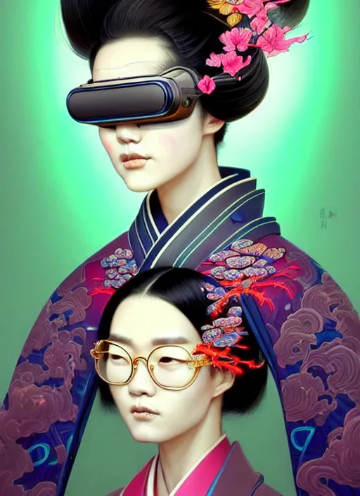 Image similar to portrait illustration of female japanese humannoid wearing a vr eyewear and very detailed and intricate geisha kimono dress, intricate detail, cyber neon lighting, highly detailed, artstation, glamor pose, concept art, art by peter mohrbacher and boris vallejo and liam wong, pinterest, artstation, digital painting,