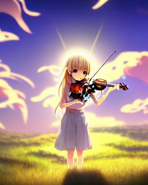 Image similar to anime style, realism, chibi, full body, a cute girl with white skin and golden long wavy hair holding a violin and playing a song, heavenly, stunning, realistic light and shadow effects, happy, centered, landscape shot, happy, simple background, studio ghibly makoto shinkai yuji yamaguchi