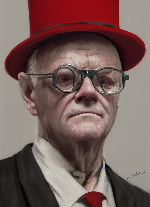 Prompt: Anthony Hopkins wearing round glasses and tall red cylinder hat portrait painting by Edward Hopper and James Gilleard, Zdzislaw Beksinski highly detailed