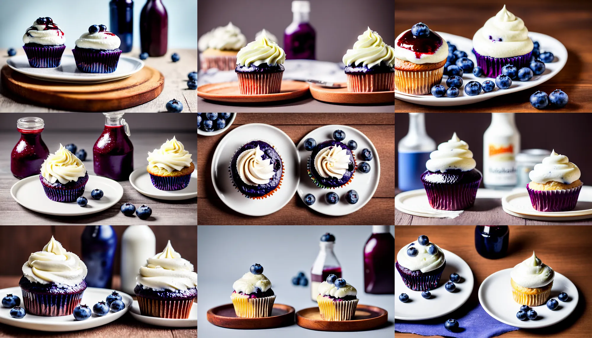 Prompt: kodak portra 4 0 0, medium format, food photography of a blueberry cupcake on a wooden plate, with white creme topping and a bottle of blueberry sauce on the side, narrow shot,, macro shot, hasselblad x 1 d - 5 0 c, 1 0 0 mm f 1. 8, soft light