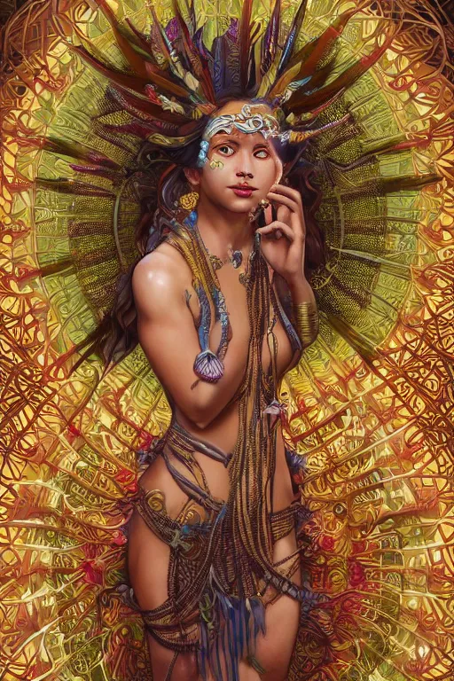 Image similar to an immaculate render of a dancing tribal goddess adorned with leaves and cables and bird wings, dancing in a temple surrounded by wild tentacles made from mandalas and incense smoke, full body, perfect face, powerful, cinematic, beautifully lit, by artgerm, by alphonse mucha, by android jones, 3 d, trending on artstation, octane render, 8 k