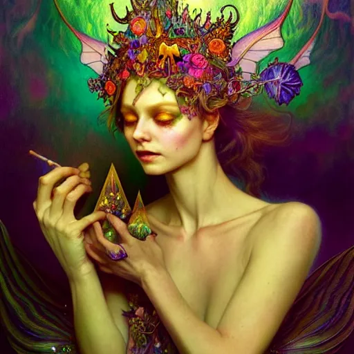 Image similar to An extremely psychedelic fairy queen, surreal, dramatic lighting, magic mushrooms, psilocybin, LSD, face, detailed, intricate, elegant, lithe, highly detailed, digital painting, artstation, concept art, smooth, sharp focus, illustration, art by Krenz Cushart and Artem Demura and alphonse mucha