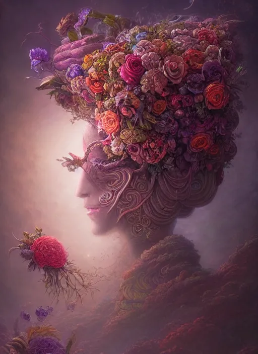 Image similar to helmet of a forgotten deity made of flowers, in the style of tomasz alen kopera and fenghua zhong and peter mohrbacher, mystical colors, rim light, beautiful lighting, 8 k, stunning scene, raytracing, octane, trending on artstation