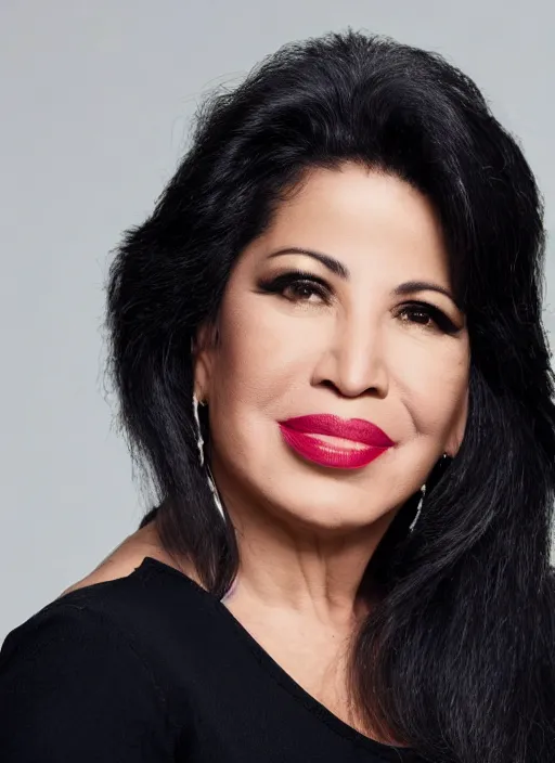 Image similar to dslr photo portrait still of 5 1 year old age 5 1 selena quintanilla at age 5 1!!!, 8 5 mm f 1. 8, studio lighting, vogue