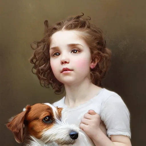 Prompt: a little girl with short wavy curly light brown hair with a very cute wire haired jack russell terrier puppy, white with brown patches over both eyes. detailed, high quality painting by artgerm and greg rutkowski and alphonse mucha