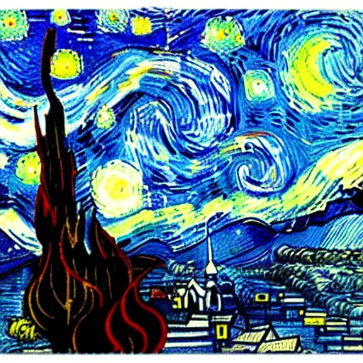 Image similar to Mount Fuji in the style of starry night by Van Gogh